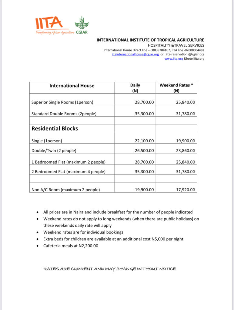 Room rates at IITA Ibadan