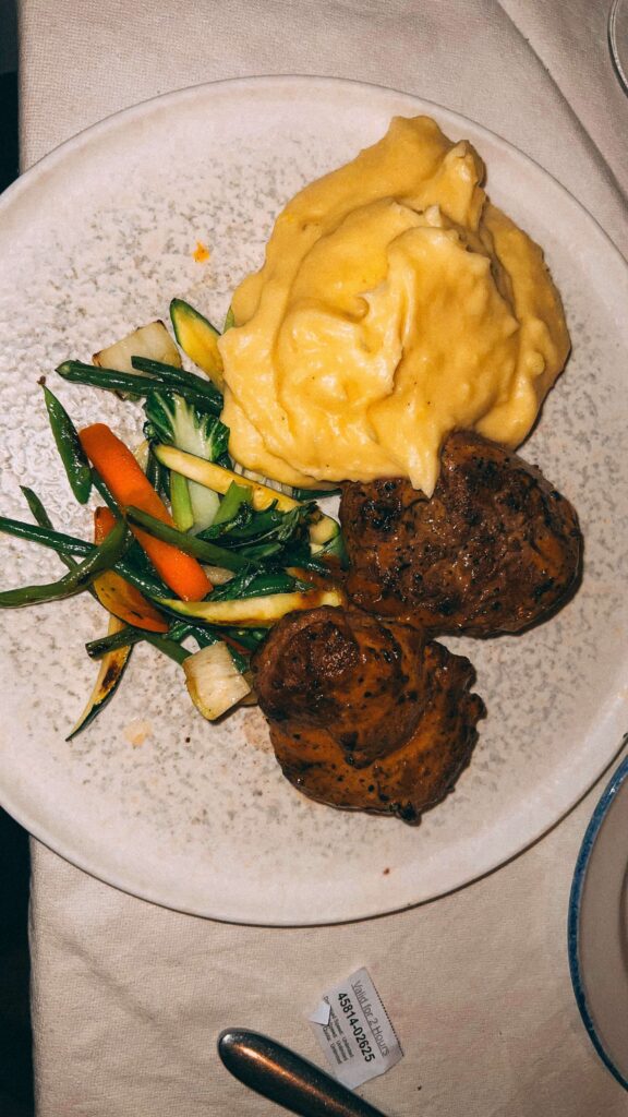 steak and mashed potatoes at Peponi hotel, Lamu