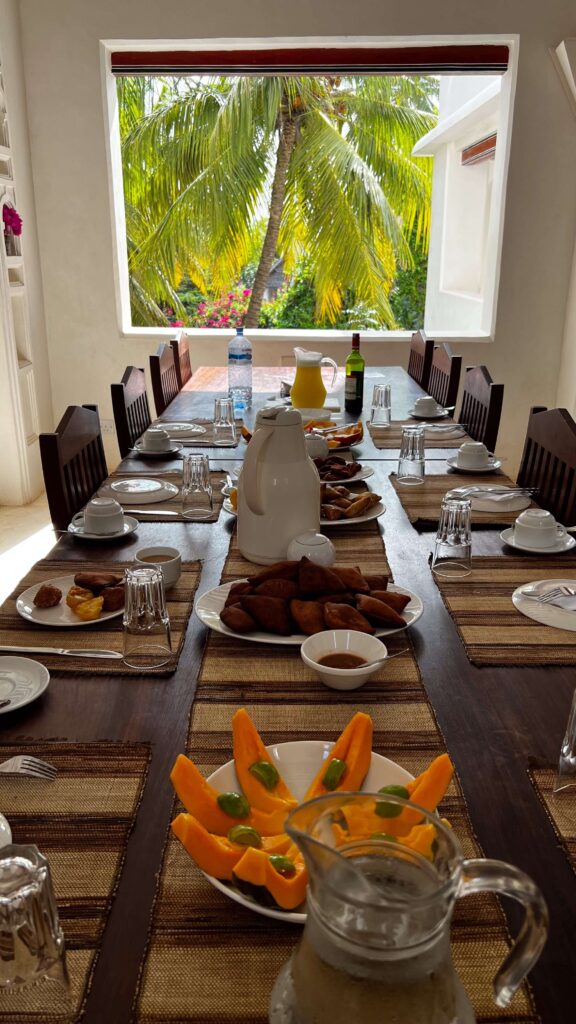 breakfast spread prepared by chef in Tunusuru house, Lamu Kenya