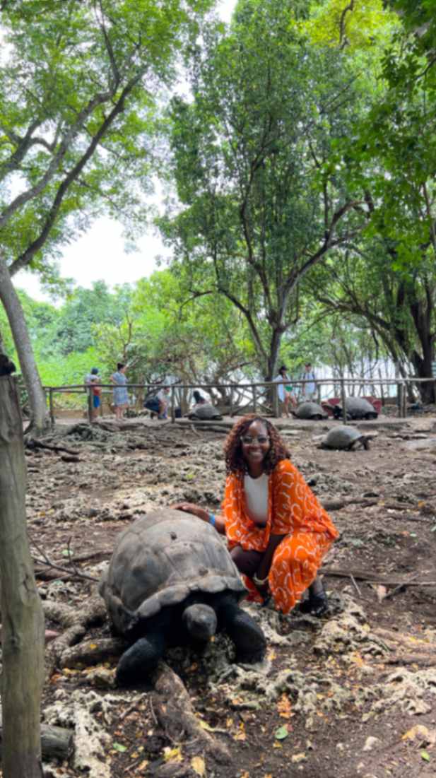 me posing with an aldabra tortoise on prison island 